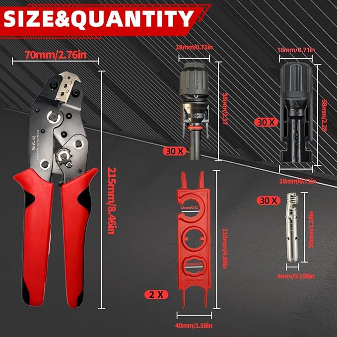 123 PCS Solar Crimper Tool Kit - Solar Panel Connector Crimping Tool with 60 Pairs Connectors,1 PCS Wire Crimper,2 PCS Multi-Functional Spanners Wrench for PV System Assembly and Installation