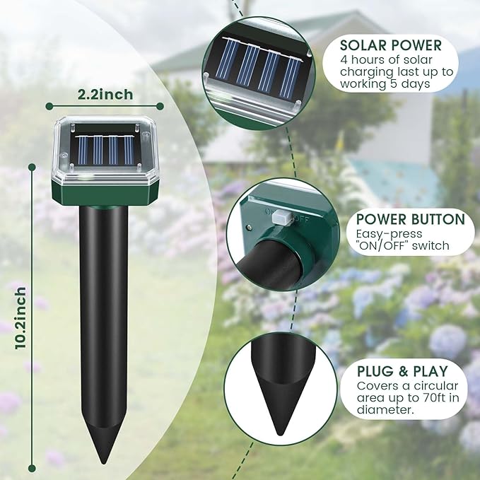 Mole Repellent Solar Powered, Ultrasonic Repeller 4-Pack, Waterproof Sonic Spikes Gopher Vole Groundhog Snake Chipmunk Mole Deterrent Get Rid of Moles in Your Yard (4)