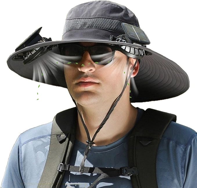 Solar Fan Hat, Wide Brim Sun Cap with 2 Solar Sun Protection Fans, USB and Solar Powered Fan Hat