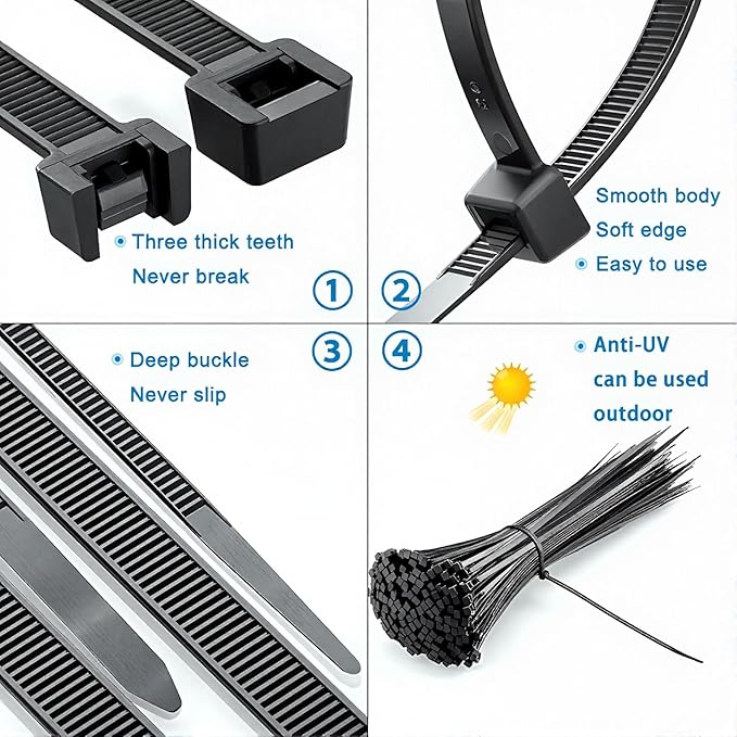 Zip Ties 400 Pack (4”, 6”, 8”, 12”) – Assorted Cable Ties for Cable Management, Wire Organization, Electrical Accessories, Garden & Home Improvement, UV Resistant GripLock Ties BY OPM Premium