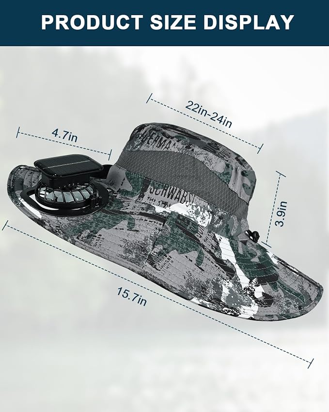 Wide Brim Sun Hat with 2 Solar Fan, Sun Bucket Hat for Men Women, UPF 50+ Bucket Fishing & Beach Hat with Fan