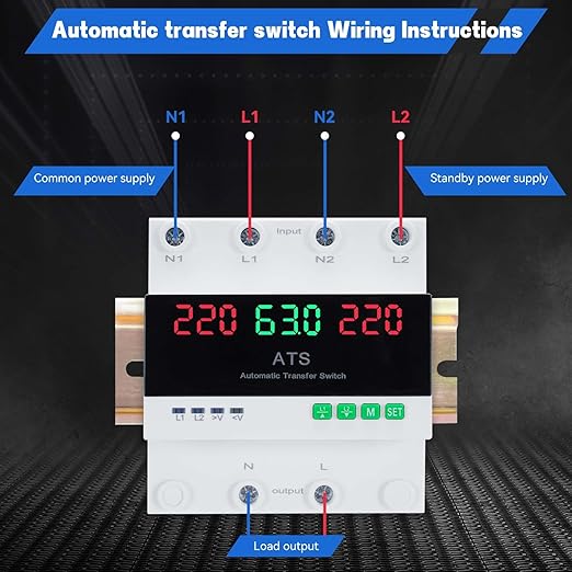 63A 220V Automatic Transfer Switch, 2P Dual Power Select Interruptor Electrical Changeover Switch with LED Display, Mini ATS Din Rail Mount, 50/60Hz CE Certified for Home Backup Power