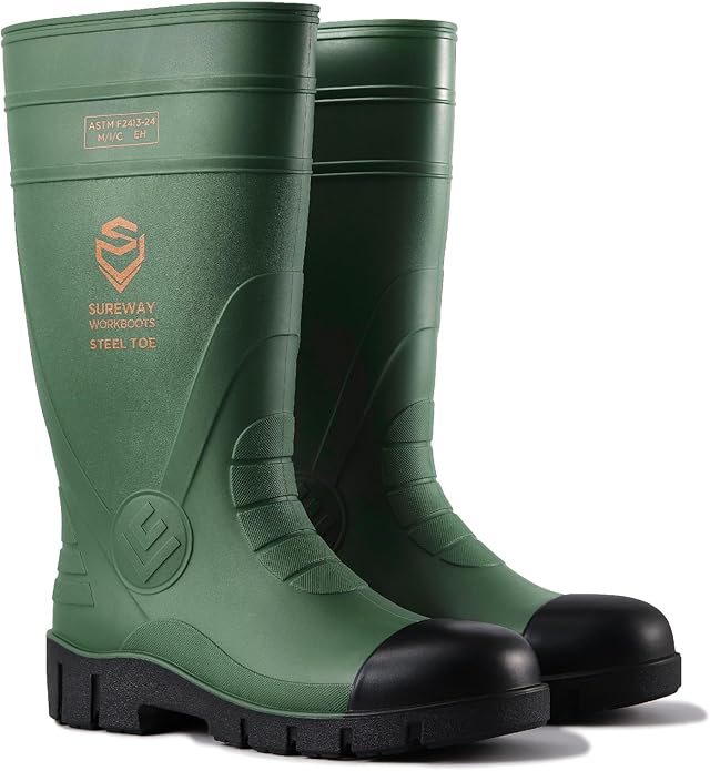 SUREWAY Steel Toe Rain Boots for Men, Knee High Waterproof Work Boots with Slip & Oil Resistant Outsole for Industrial, Construction, Agriculture