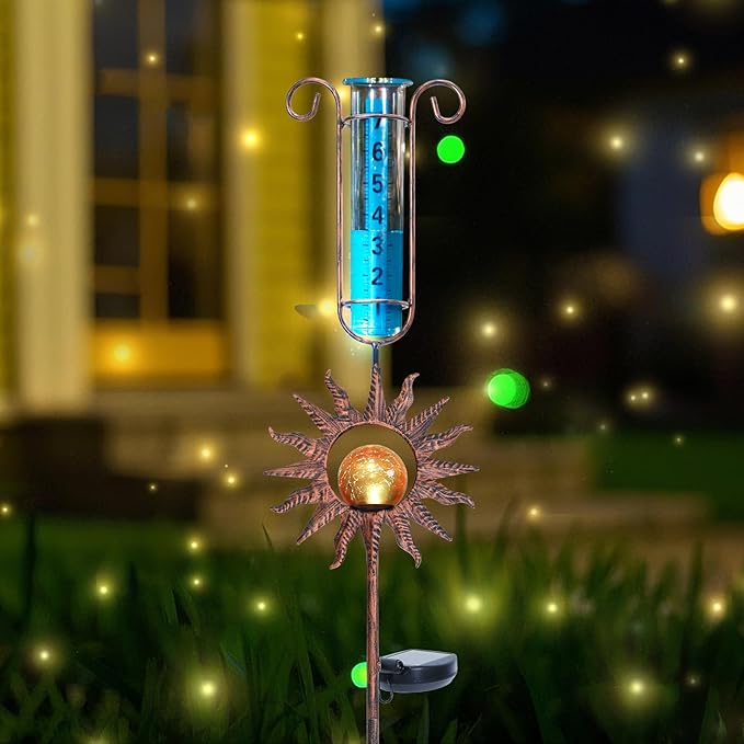 WONDER GARDEN Solar Rain Gauge Outdoor, Sun Decorative Rain Gauges Outdoors Best Rated with Orange Crackled Glass Ball, Freeze Proof Water Rain Measure Gauge for Yard Patio Lawn Decor