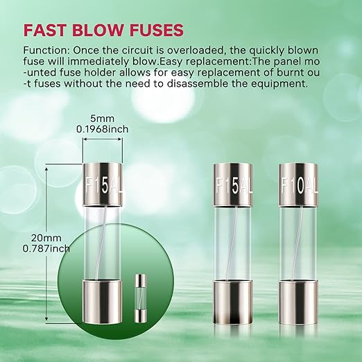 Panel Mount Fuse Holder - 5x20 mm, 250V AC/125V AC/12V DC, 10A/15A Fast Blow Glass Fuse Kit with Pre-Soldered Wires