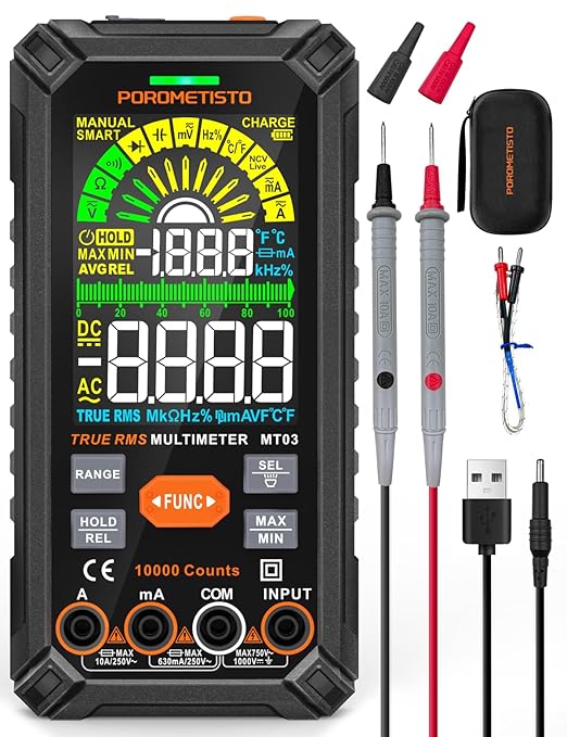 Digital Multimeter Tester 10000 Counts, Smart Multimeter Rechargeable, Auto-Ranging Voltmeter for Measuring Voltage and so on, Dual Fuse Overload Protection, Foldable Stand, Smart Input Jack Warning