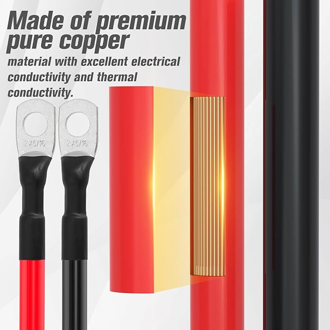 2 AWG Battery Cable 2AWG Gauge Battery Inverter Cables for Automotive Solar Marine Boat RV Car Motorcycle (2 AWG, 1FT, 5/16")