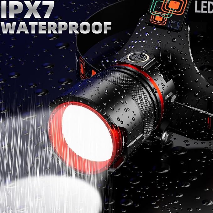 Headlamp 5000 LUMENS LED Rechargeable Head Lamps, Zoomable Headlight with 5 Modes & IPX7 Waterproof, 120° Adjustable Head Lights for Forehead for Outdoor, Camping, Hard Hat, Hunting,Fathers Day Gift