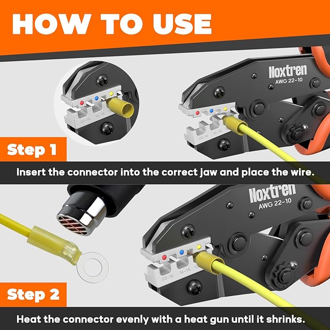 Crimping Tool For Heat Shrink Connectors - AWG 22-10 Ratcheting Wire Crimper Tool - Ratchet Wire Terminal Crimping Pliers - Available For Insulated Nylon Electrical Wire Connectors