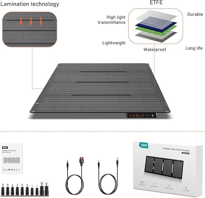 60W YT60 Solar Panel Charger Solar Battery High Efficiency Camping Waterproof IP68 Solar Panel with USB and DC Outputs for Portable Power Station,Power Bank, Phone, Laptop