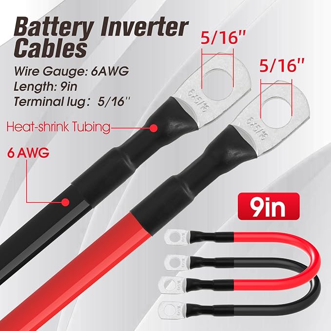 6 AWG Battery Cable 6AWG Gauge Battery Inverter Cables for Automotive Solar Marine Boat RV Car Motorcycle (6 AWG, 9in, 5/16")
