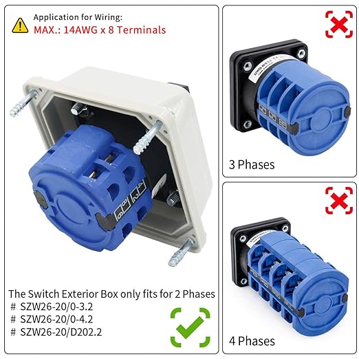 Baomain Universal Rotary Changeover Switch SZW26-20/D202.2D-S with Small Master Switch Exterior Box 660V 20A 3 Position 2 Phase (2.6"x2.6"x3.35")