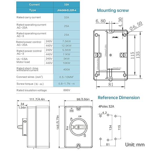 32 Amp Disconnect Switch IP66 Waterproof 690V AC Disconnect 30Amps Electric Switch for Machines On Off Combiner Box 4 Pole for PV Systems