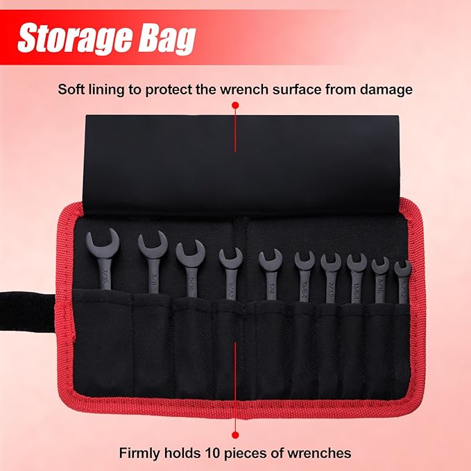 Mini Wrench Set SAE 10-Piece Ignition Wrench Set, 5/32"-7/16" Open End and Box End Combination Wrench Kit, Super Thin Small Wrenches with Zipper Bag and Key Ring for Small Fasteners, Black