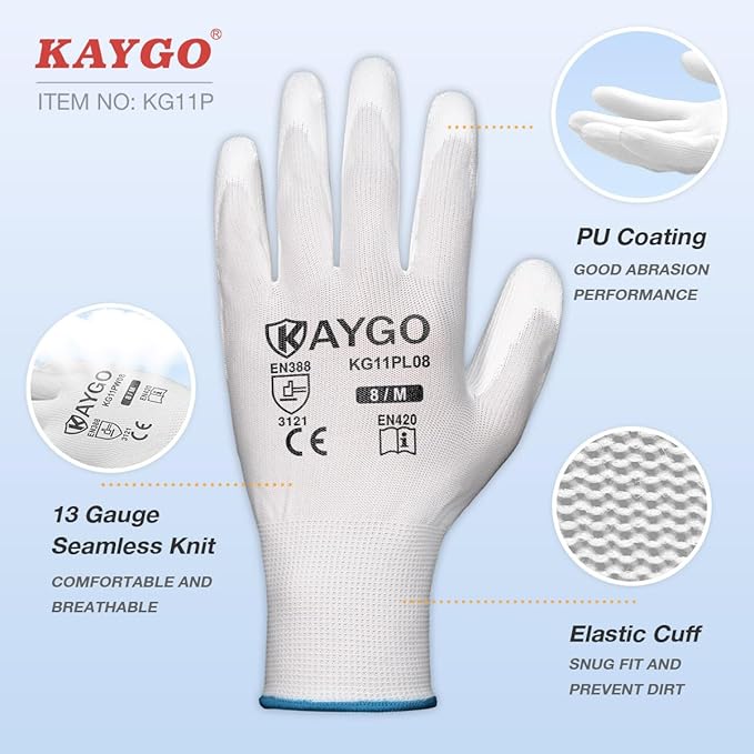 KAYGO Work Gloves for Men and Women, 60 Pairs Seamless Knit PU Coated Safety Gloves, with Smooth Grip on Palm and Fingers, Ideal for Light Warehouse, Manufacturing, Gardening, KG11P (XL, White)