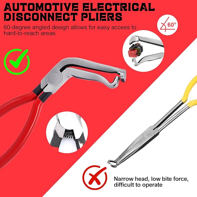 4Pcs Electrical Disconnect Pliers for Cars, Automotive Electrical 60 Degree Connector Pliers Connector Separator Hose Clamp Plier with Relay Puller Plier and Terminal Pin Removal Tool for Cars