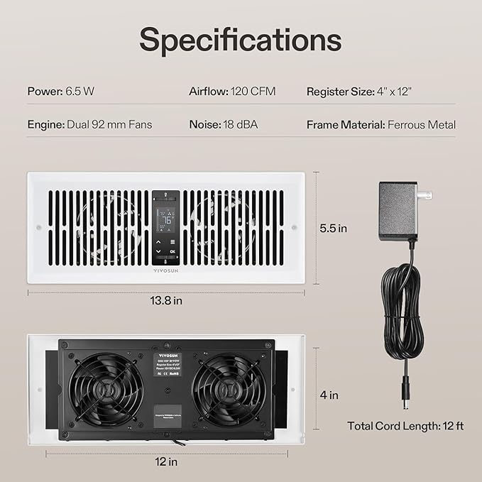 VIVOSUN Quiet Register Booster Fan for 𝟒" 𝐱 𝟏𝟐" Holes, Cooling Heating Vent Fan with 10-Speeds App Control &Adjustable Wind Direction, Thermostat Control for Bedroom, Bathroom &Attic, White