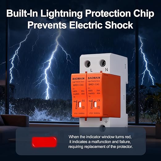 Baomain 2P (1P+N) Surge Protective,24V DC 40kA,BMD1-C40 Single-Phase SPD with Neutral Protection,for Solar Charge Controllers and Low-Voltage DC Systems,DIN Rail Mounting,Flame Retardant Housing