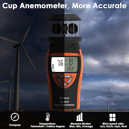 Handheld Cup Anemometer, Kethvoz Digital Air Flow Meter Measure Wind Speed up to 42m/s, Test Temperature for Shooting Hunting Paragliding Outdoor Activities