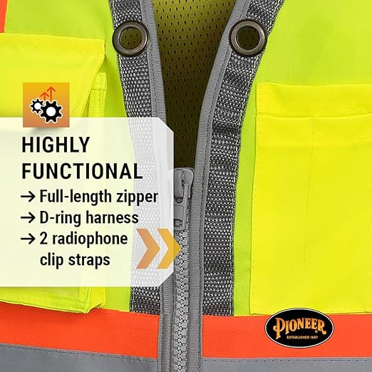 Pioneer Safety Vest for Men – Hi Vis Reflective Neon, Cool Mesh Back Panel, 12 Pockets, Zipper for Surveyor Work – Orange, Yellow/Green, V1010260U-S