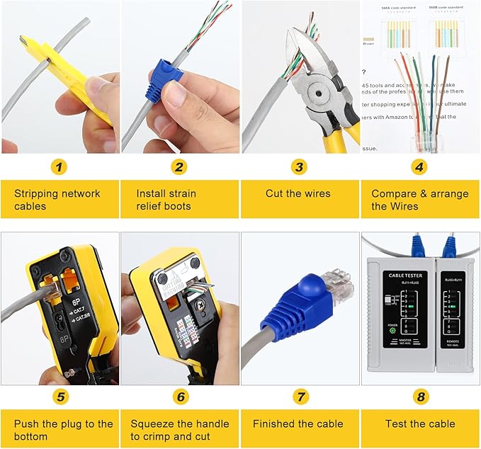 RJ45 Crimp Tool Kit Pass Through Ethernet Crimper Kit Cat5 Cat6 Cat7 Crimping Tool Kit,All-in-One Stripping Cutting Crimping Tool for RJ11/RJ12 Standard,RJ45 Pass Through Connectors