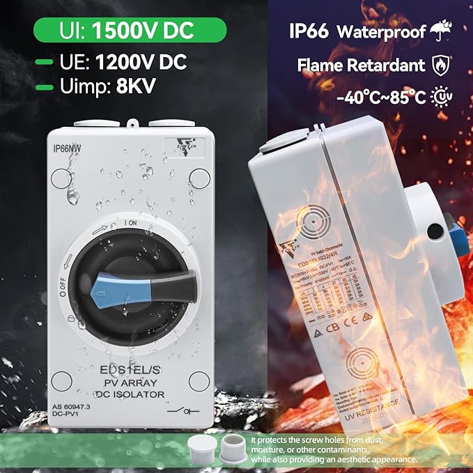 Solar Disconnect Switch DC1500V 32Amp 4-Pole Isolator Solar Switch with Waterproof IP66 Enclosure for Rooftop Solar Systems
