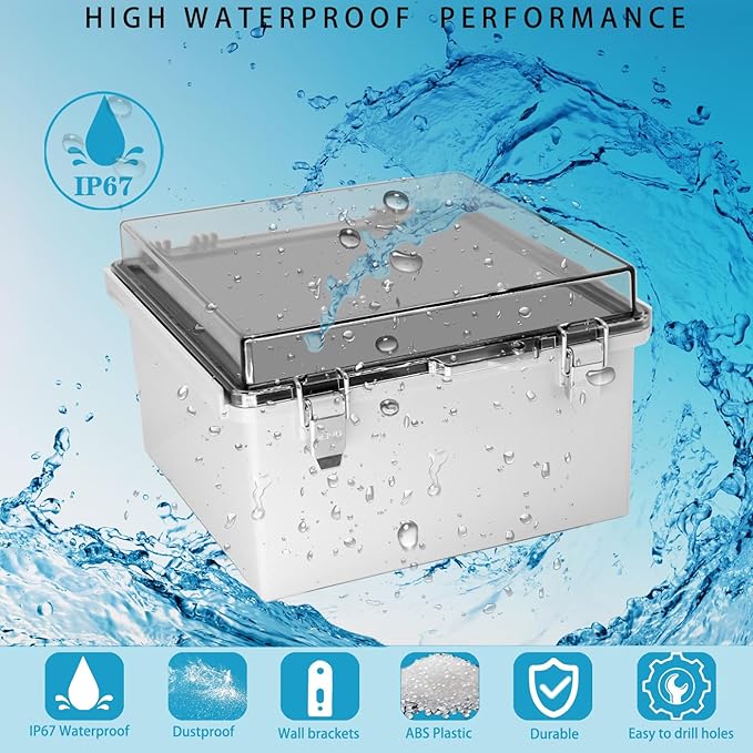 Waterproof Outdoor Electrical Box Junction Box Weatherproof IP67 ABS Plastic Enclosure Switch Router Project Box with Mounting Plate with Wall Bracket 2 Cable Glands Clear 8.27" x 8.27" x 5.12"