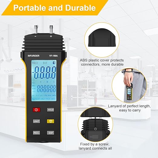 Manometer, Digital HVAC Gas Pressure Tester, Professional Air Pressure Meter, Handheld Gas Pressure Meter, 11 Selectable Units Differential Pressure Gauge YF-189A with Backlight