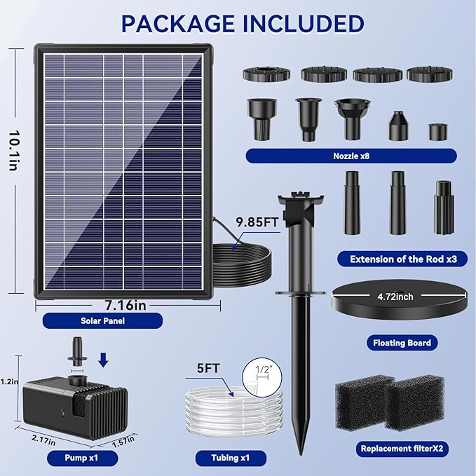Antfraer Solar Fountain Pump for Bird Bath, 8W Solar Water Fountain Pump with Dry-Run Protection & Double-Layer Nozzles, Solar Powered Fountain with 5Ft Tubing for Small Pond, Bird Bath, Water Feature