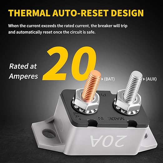 20 Amp Automatic Reset Circuit Breaker with Cover Stud Bolt, 6 Pieces 12V-24V DC for Automotive Marine Boat Car RV Truck Solar System and More, IP66 Waterproof (Black Cover)