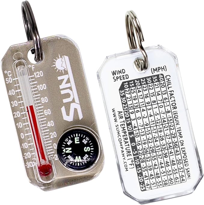 Sun Company Therm-o-Compass | Multi-Functional Zipper Pull Compass & Thermometer with Wind Chill Chart | Ideal for Camping, Hiking, and Outdoor Navigation