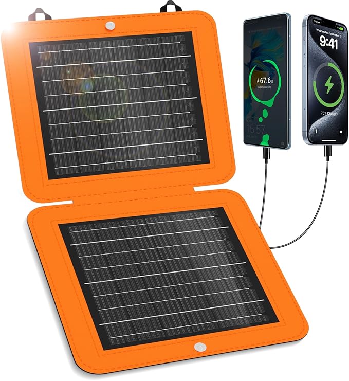 Solar Panels, 10W Small Solar Charger with 5V USB-A and USB-C Fast Charging IPX5 Waterproof Foldable Portable Solar Panel for Camping, Hiking Compatible with iPhone, iPad, Power Banks