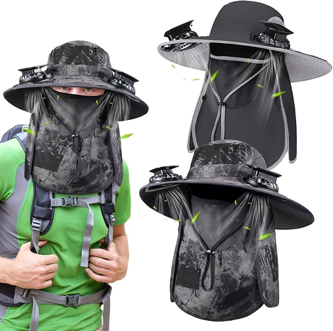 2 Pcs Solar Fan Hats Wide Brim Fishing Hats with 2 Solar Fan and Removable Face Cover Cooling Buckets for Men Women