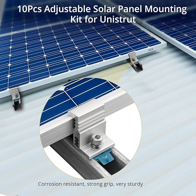 Anbte 10pcs Adjustable Solar Panel End Clamp for Unistrut, 30-50mm Aluminum Solar Panel Mounting Brackets with Nuts Bolts and Wrench, for Metal Roof, Tin Roof, Flat Roof, Sheet Roof, RV, Silver
