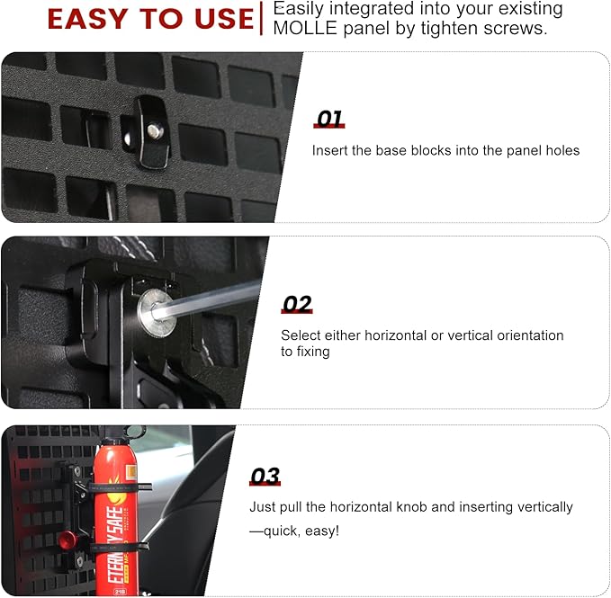 MOLLE Panel Fire Extinguisher Mount Kit-Aluminum Quick Release Car Fire Extinguisher Bracket for 1-2in Tactical Rigid MOLLE Panel Holes.Fire Extinguisher Holder Fits MOLLE Panels Accessories for Truck