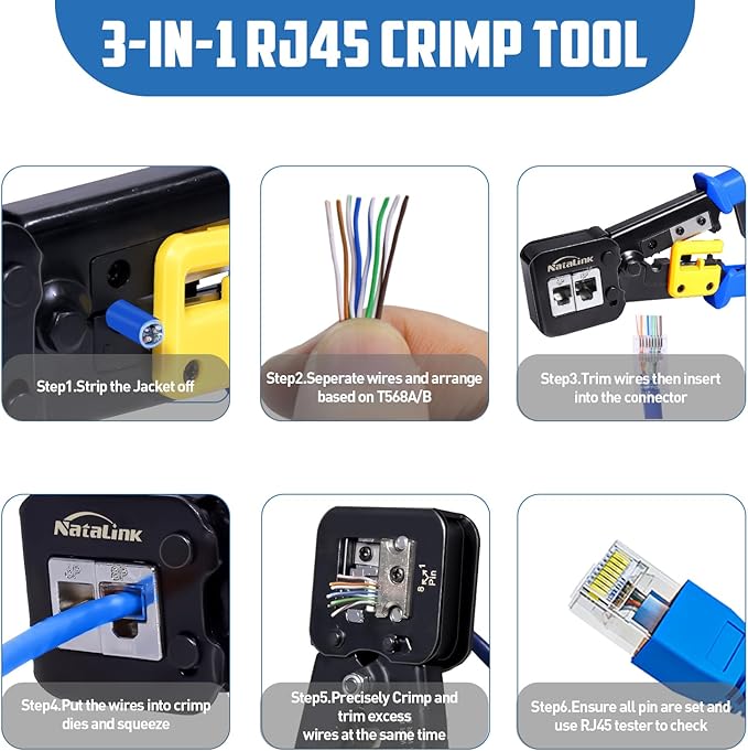 Pass Through RJ45 Crimp Tool Kit Cat 6 Cat 5E Cat 5 Ethernet Crimper Kit RJ45 Crimping Tool with Network Cable Tester, Mini Cable Stripper, 50 Pcs Cat6 Connectors and Strain Relief Boots