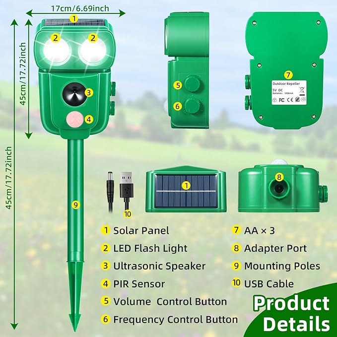 2026 Upgraded Solar Ultrasonic Animal Repellent Outdoor, Raccoon Fortress Pro with Motion Sensor & LED Flashing Light, Waterproof Cat Repellent Outdoor, Deer Deterrent for Yard Garden Orchard 2 Pack