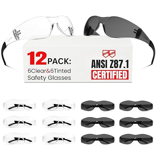 ANSI Z87.1 Safety Glasses Men Women 12 pack(6pack clear safety glasses+6pack safety sunglasses) Scratch & Impact Resistant eye protection glasses for Construction, Outdoor Sports & Work