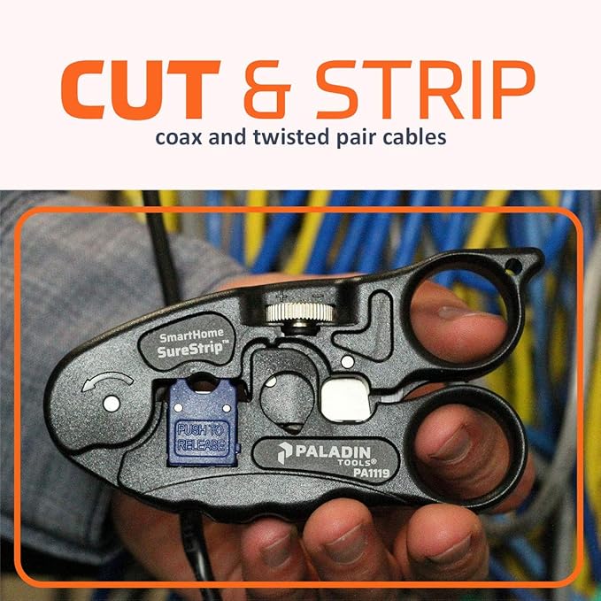 Paladin Tools PA1119 UTP/COAX Cable Stripper & Cutter | Ethernet POE RG6, RG6 Quad, RG59 Coax, CAT5, CAT5E, CAT6, UTP/STP