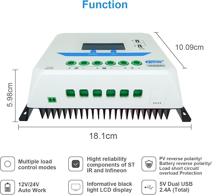 EPEVER Solar Charge Controller 30A PWM VS3024AU with Dual USB Ports Solar Panel Battery Regulator 12V/24V Auto Work with LCD Display (30A)