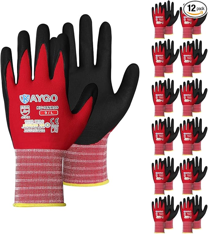 Safety Work Gloves MicroFoam Nitrile Coated-12 Pairs,KAYGO KG18NB,Seamless Knit Nylon Glove with Black Micro-Foam Nitrile Grip,Ideal for General Purpose,Automotive,Home Improvement, Red