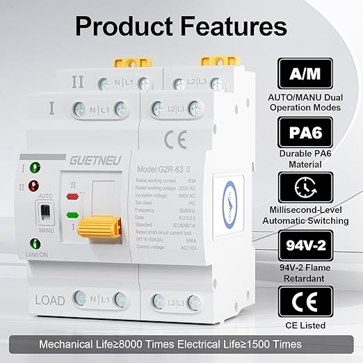ATS Dual Power Automatic Transfer Switch, 4P 63A 110V Manual Transfer Switch，Uninterruptible Millisecond-Level ATS, 50/60 Hz, White, CE