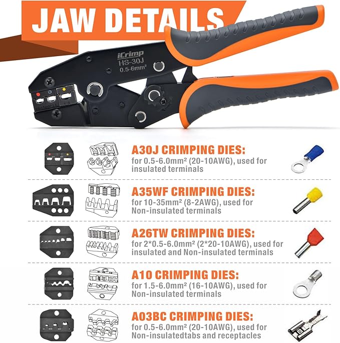 iCrimp Ratchet Wire Crimping Tool Set w/ 5 Interchangeable Jaws for Insulated and Non-Insulated Terminals AWG20-2, Wire Stripper included