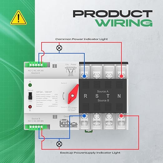 Automatic Transfer Switch 100A AC 220V, Dual Power ATS 4P Automatic/Manual Transfer Switch din Rail mounting for Home Generator, RV，Public/Backup Power Supply