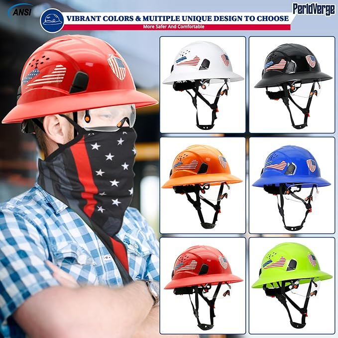 Full Brim Hard Hats Construction OSHA Approved with Visor-Vented Hard Hat with Neck Gaiter with Ear Loops,Safety Hard Hats for Men with Chin Strap ANSI Z89.1 Type 1 Class C,6-pt Suspension