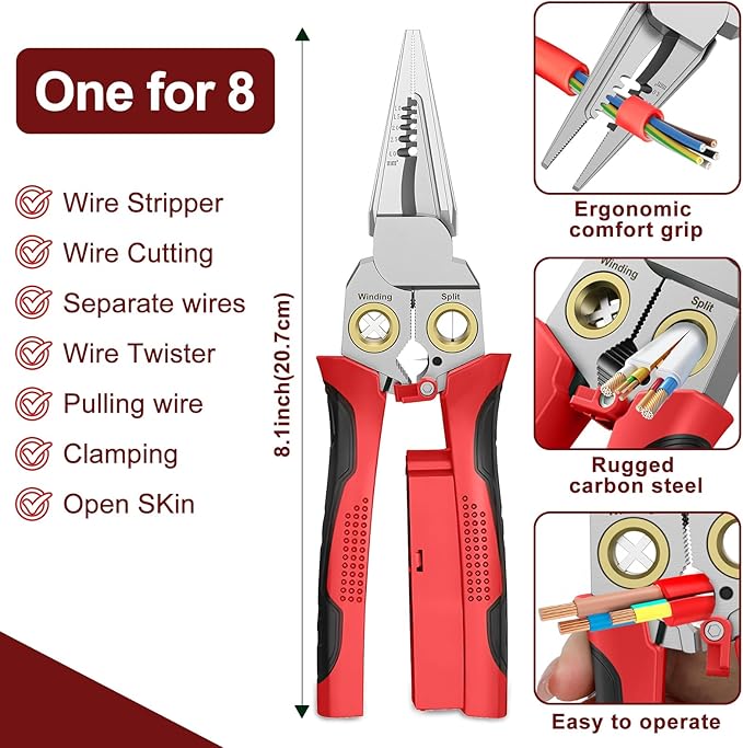 GADO Pro 8-in-1 Wire Stripper/Cutter with Voltage Tester & Dual Alarms - Heavy Duty 12-250V AC/DC Electrical Tester for Hot/Neutral Wires - Electrician, HVAC, Car Repair Tool (Red)