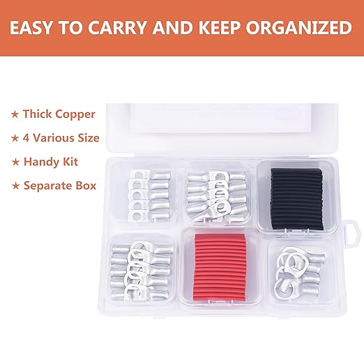 8 AWG Tinned Copper Ring Terminal Kit (62 Pcs) - 30 Battery Lugs (1/4", 5/16", 3/8", 1/2") with 32 Heat Shrink Tubes for 8 Gauge Wire in Automotive, Solar, Marine, RV Applications