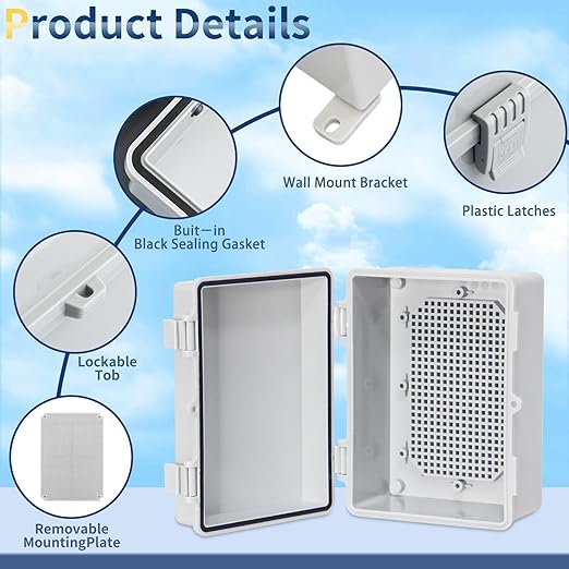 Waterproof Electrical Box ABS Waterproof Electrical Junction Box IP66, Weatherproof Plastic Enclosure with Mounting Plate, for LED Lights Solar Panels CCTV Cameras (7"x5.1"x3.5")