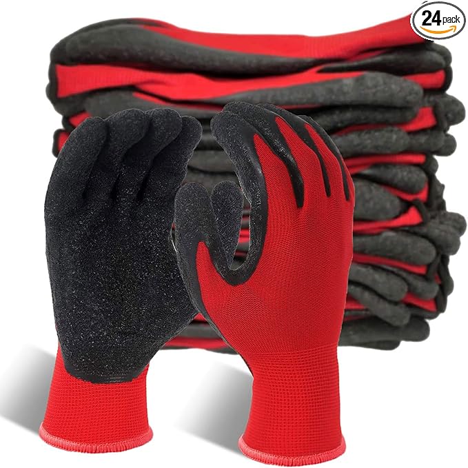 Evridwear Crinkle Latex Rubber Hand Coated Safety Work Gloves for Men Women General Multi Use Construction Warehouse Gardening Assembly Landscaping,Red Small 12 Pairs Pack