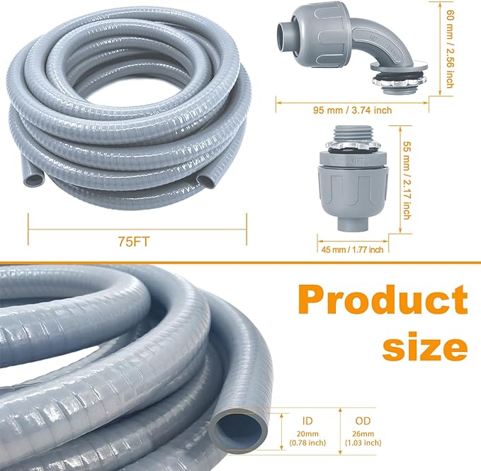 Liquid-Tight Conduit - 3/4inch 75 Foot Flexible Non Metallic Liquid Tight Electrical Conduit Kit, With 6 Straight and 5 90-Degree Conduit Connector Fittings